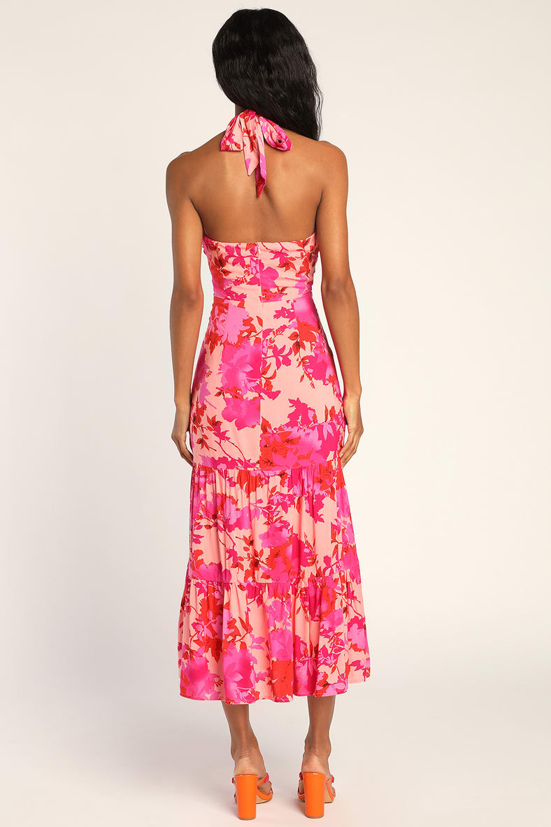 Always Eye-Catching Hot Pink Floral Tiered Halter Midi Dress