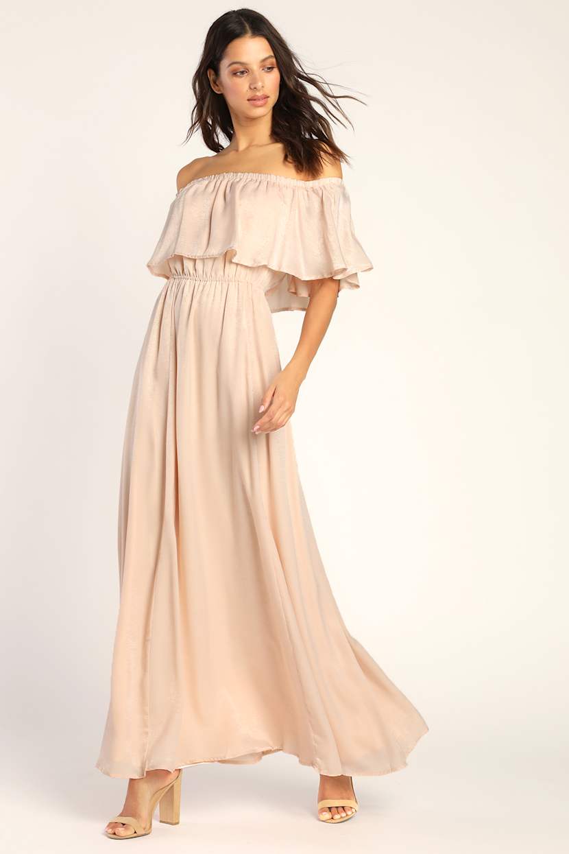 light peach bridesmaid dresses Maxi Dress - Satin Maxi Dress - Off-the-Shoulder Dress Satin Color:dark red Size_4T Black Mini Dresses | Perfect for any special