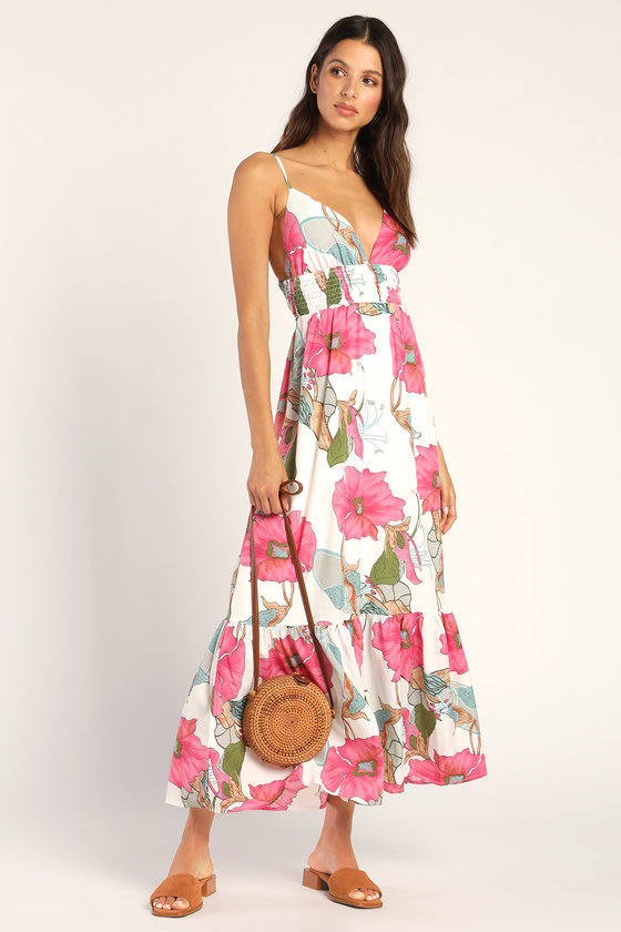 Ivory Multi Floral Dress - Sleeveless Maxi Dress - Smocked Dress - Lulus