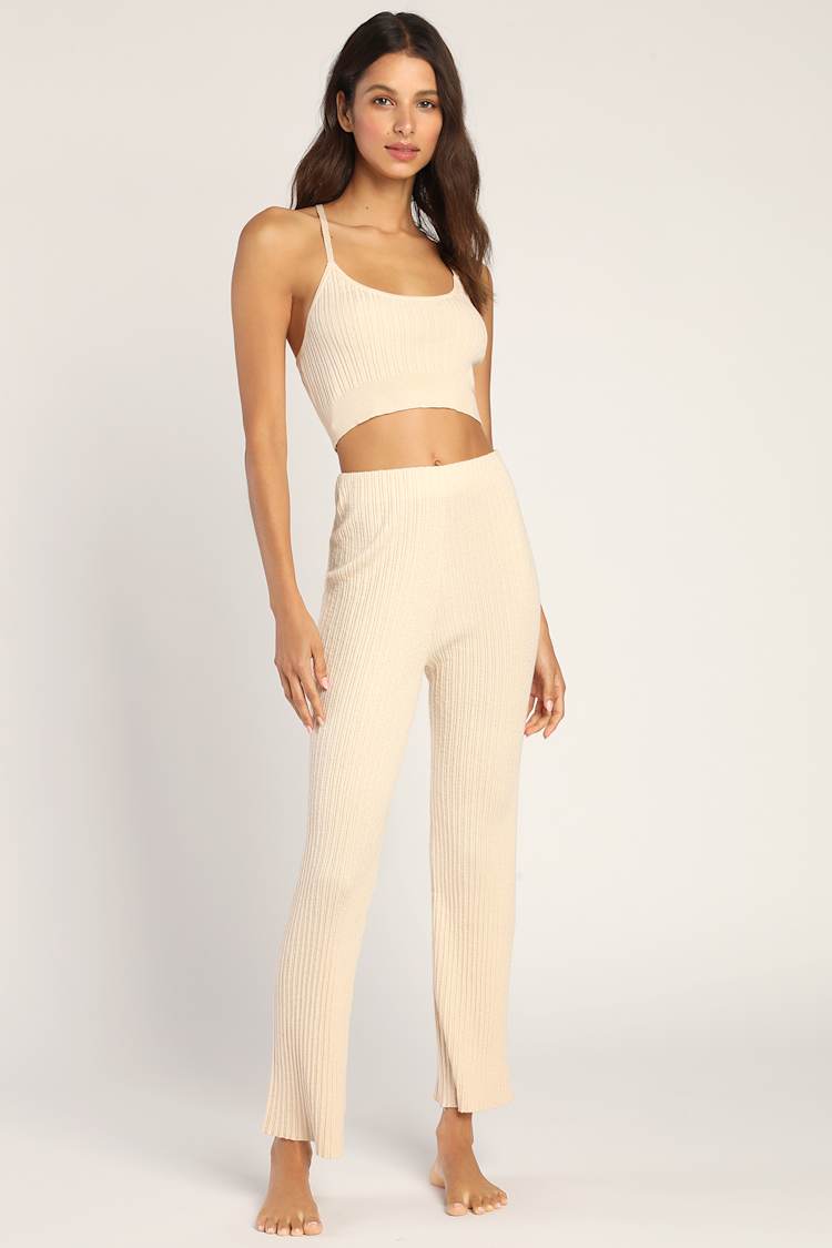 Lounge Language Beige Ribbed Knit Lounge Pants