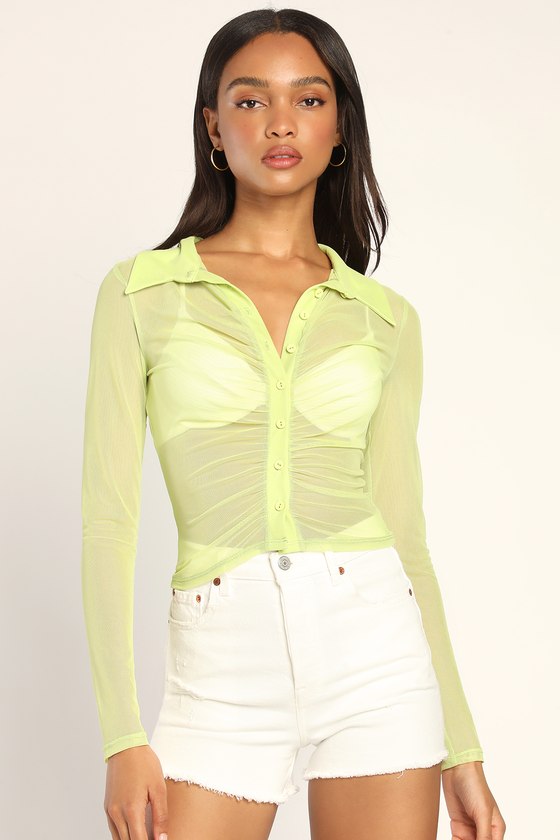 Stay Mesh Lime Green Mesh Ruched Button-Up Long Sleeve Top
