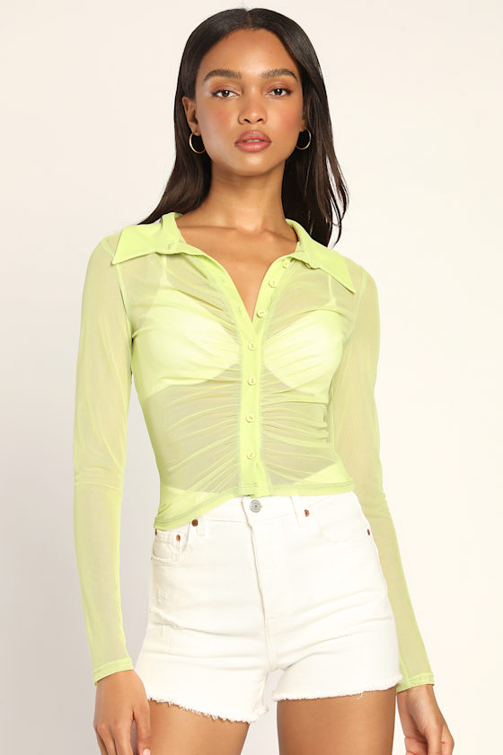 Stay Mesh Lime Green Mesh Ruched Button-Up Long Sleeve Top 7