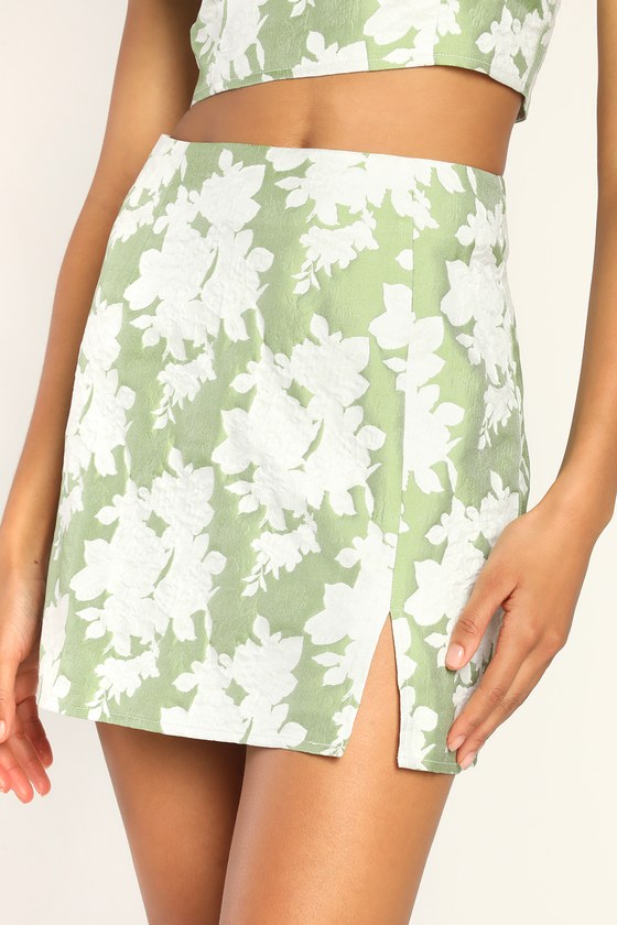 Light Green Skirt - Floral Jacquard Mini Skirt - Notched