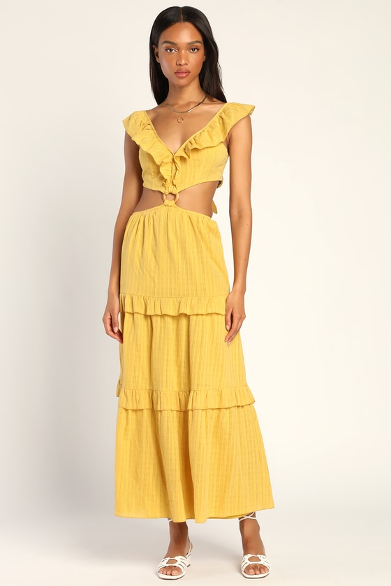 lulus.com | Mustard Yellow Tie-Back Ruffled Cutout Maxi Dress