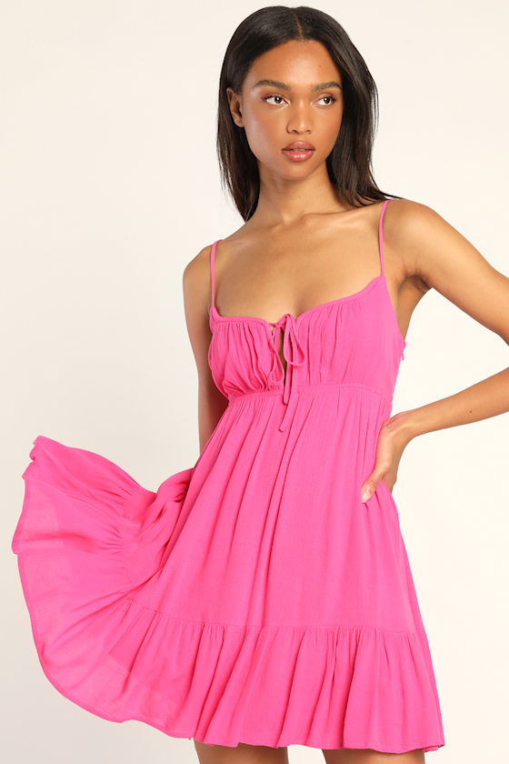 Hot Pink Mini Dress - Ruffled Dress - V 