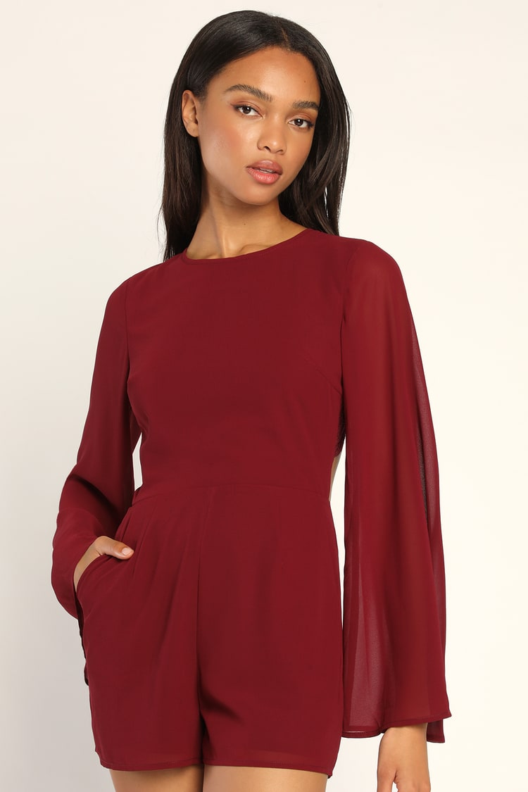 Poised and Playful Burgundy Long Sleeve Backless Romper