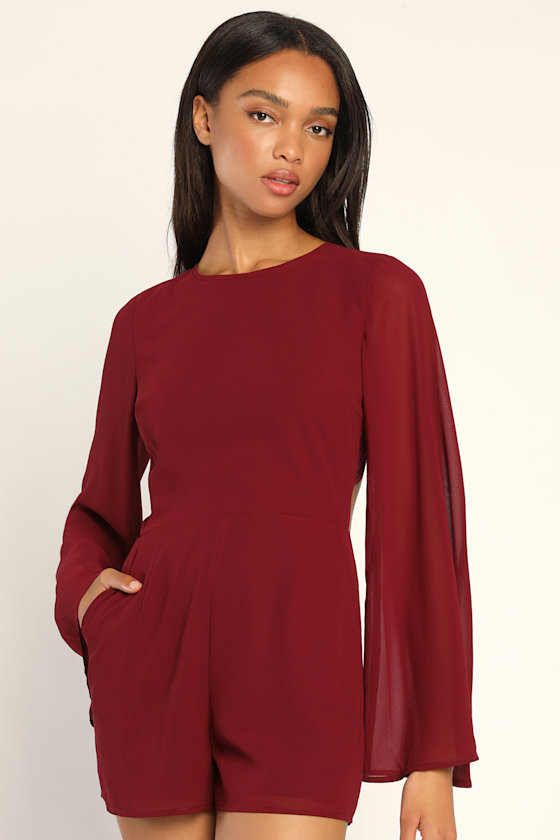 Poised and Playful Burgundy Long Sleeve Backless Romper 2