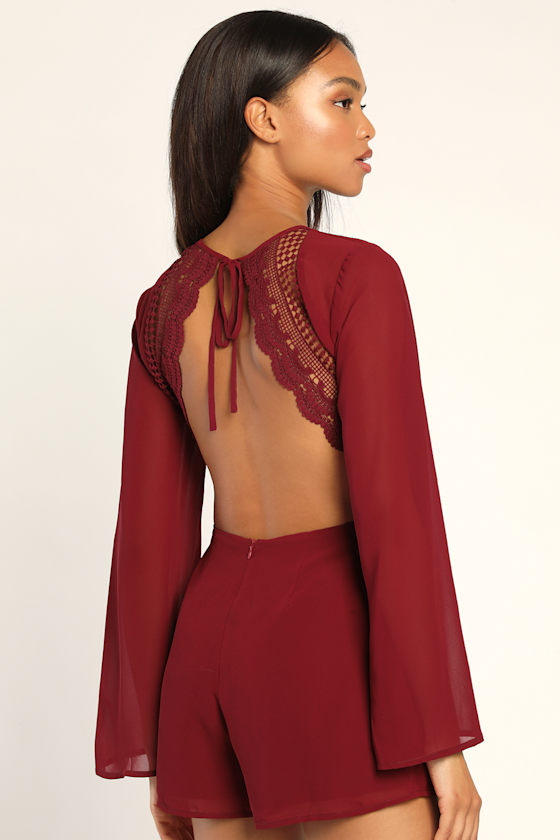Burgundy Long Romper Backless Romper Open Back Romper Lulus