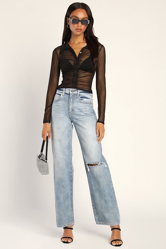 Stay Mesh Black Mesh Ruched Button-Up Long Sleeve Top 2