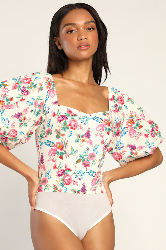 Cream Floral Bodysuit - Puff Sleeve Top - Puff Sleeve Bodysuit - Lulus