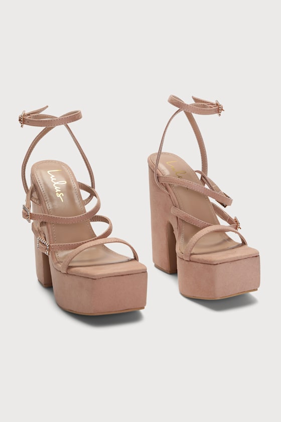 Rainyy Light Nude Strappy Suede Platform Block High Heel Sandals 3