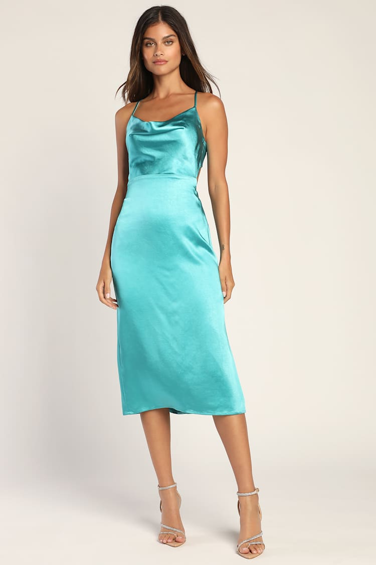 Teal Blue Satin Midi Dress - Backless Satin Dress - Cowl Dress - Lulus Teal Blue Satin Midi Dress - Backless Satin Dress - Cowl Dress - Lulus