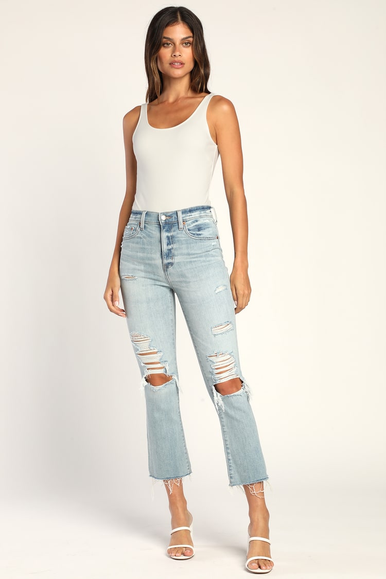 Shy Girl Light Wash Distressed High-Waisted Cropped Flare Jeans