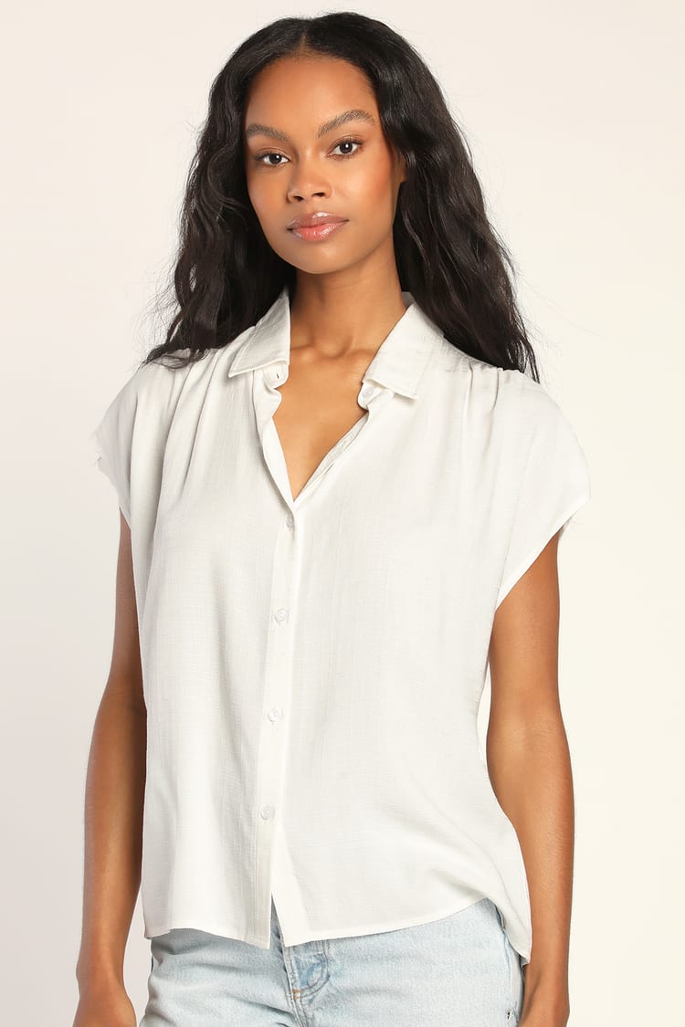 Breezy Best White Short Dolman Sleeve Button-Up Top