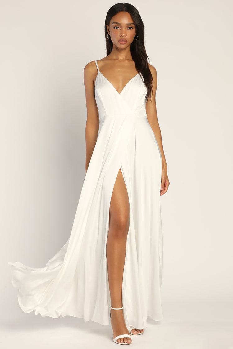 White Satin Dress - Midi Dress - Slip Dress - Surplice Dress - Lulus