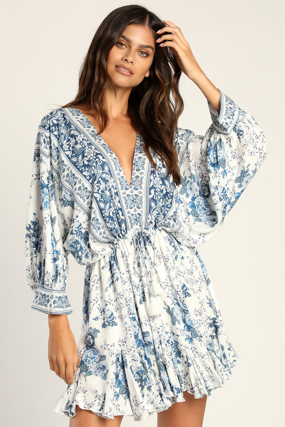 Blue and White Print Dress - Mini Dress - Dolman Sleeve Dress - Lulus