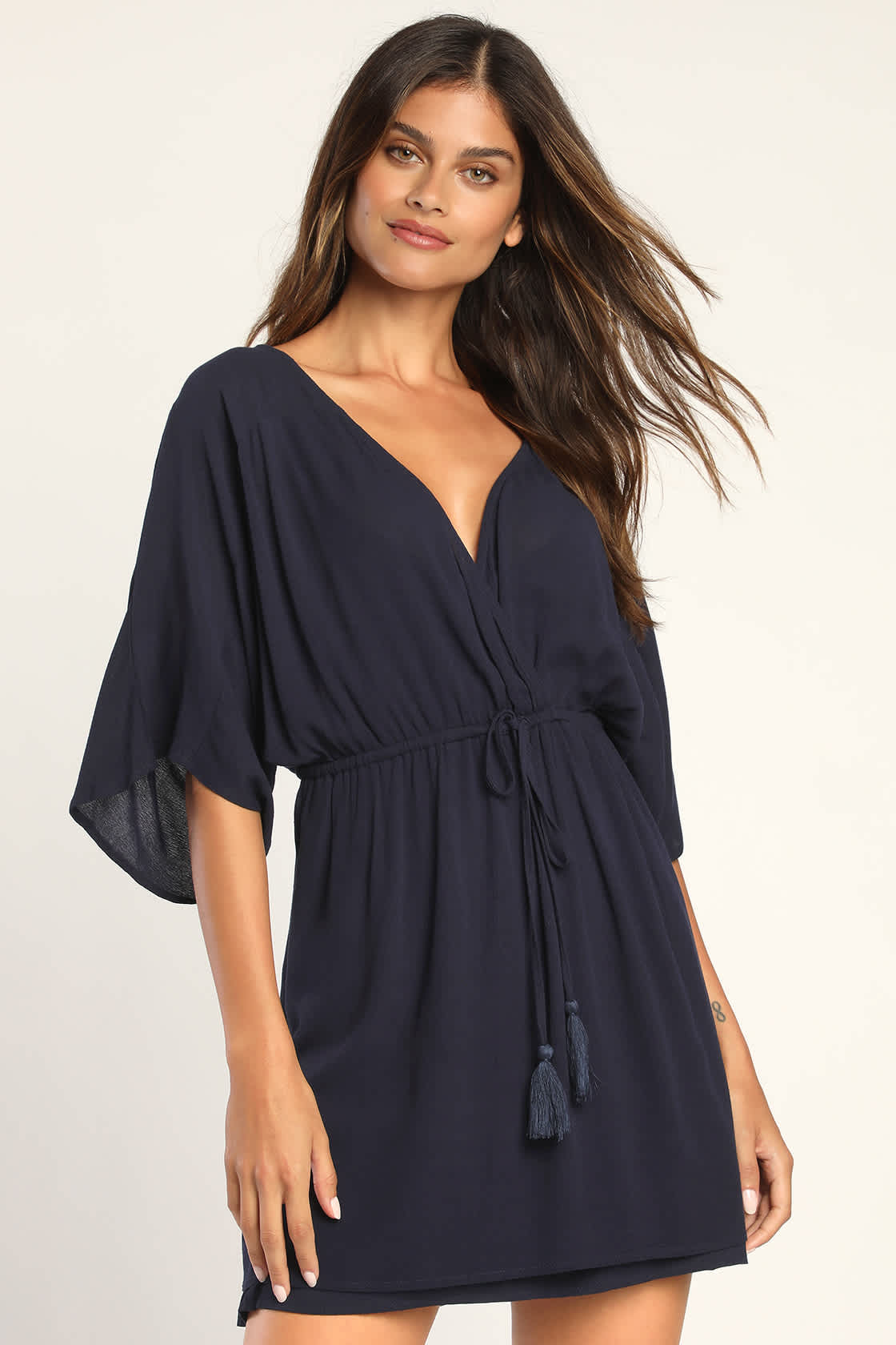 Button - Accent V - Neck Dolman Sleeve Mini Dress