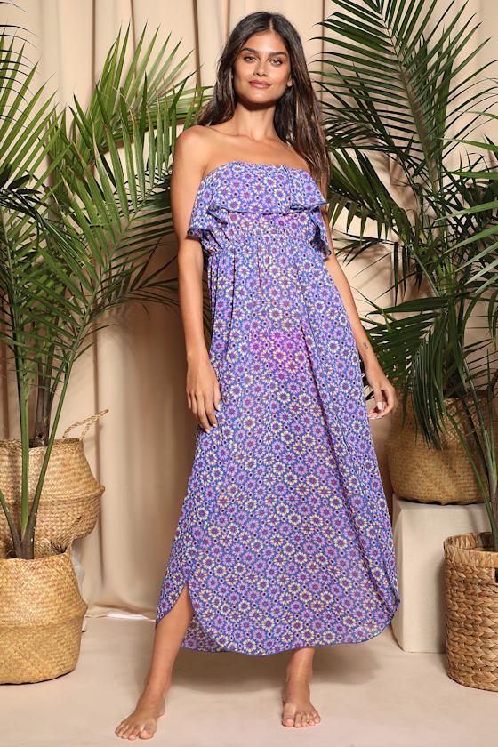 Layton Royal Blue Print Sheer Strapless Maxi Swim Cover-Up 8