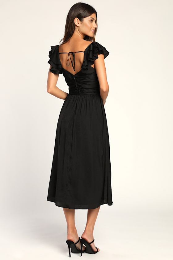 Regal Ruffles Black Satin Flutter Sleeve Midi Dress 5
