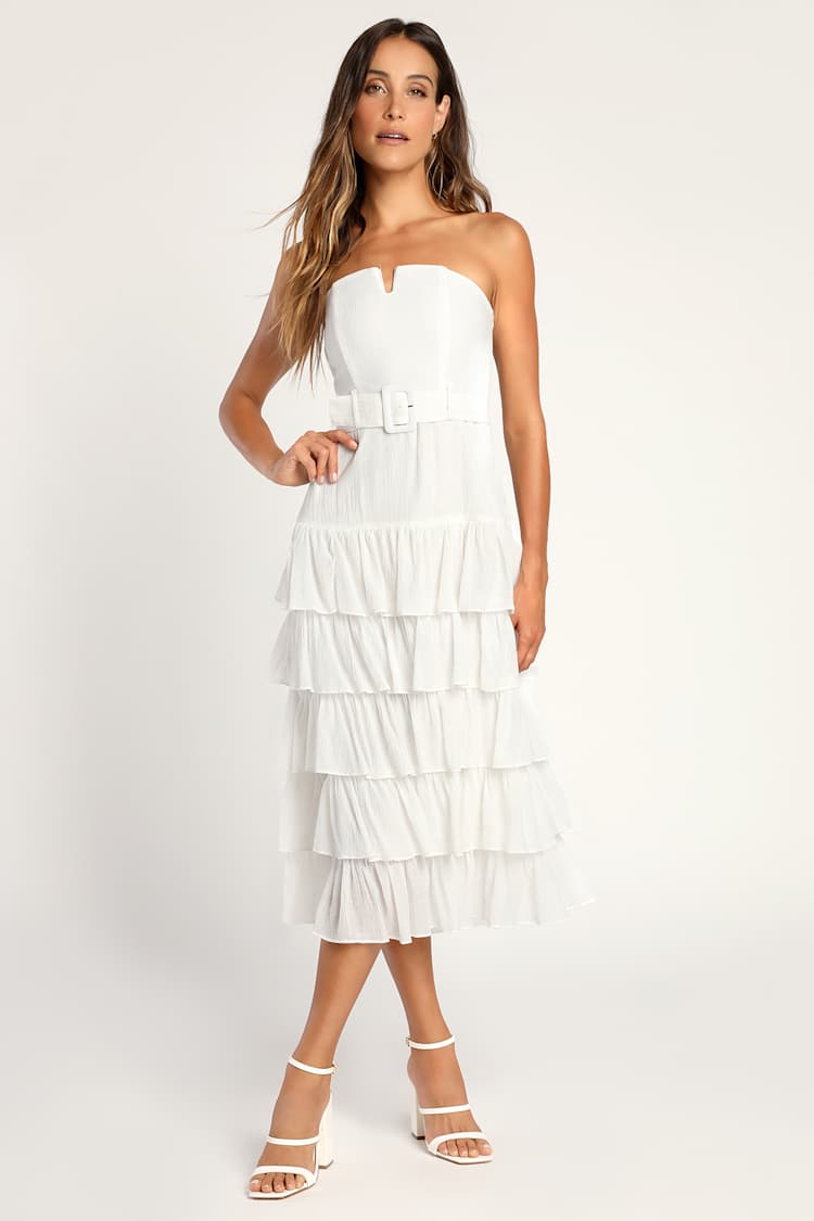 White Midi Dress - Strapless Midi Dress - Tiered Midi Dress - Lulus