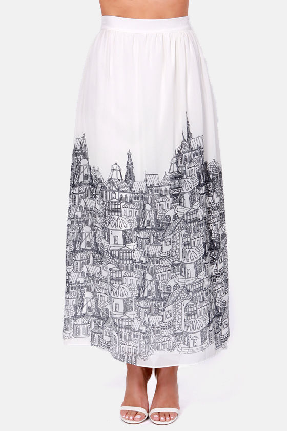 Lovely Ivory Skirt - City Print Skirt - Maxi Skirt - $50.00