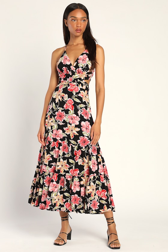 Black Floral Print Tie-Back Tiered Maxi Dress | Womens | Large (Available in XS, S, Xl) | 100% Polyester | Lulus