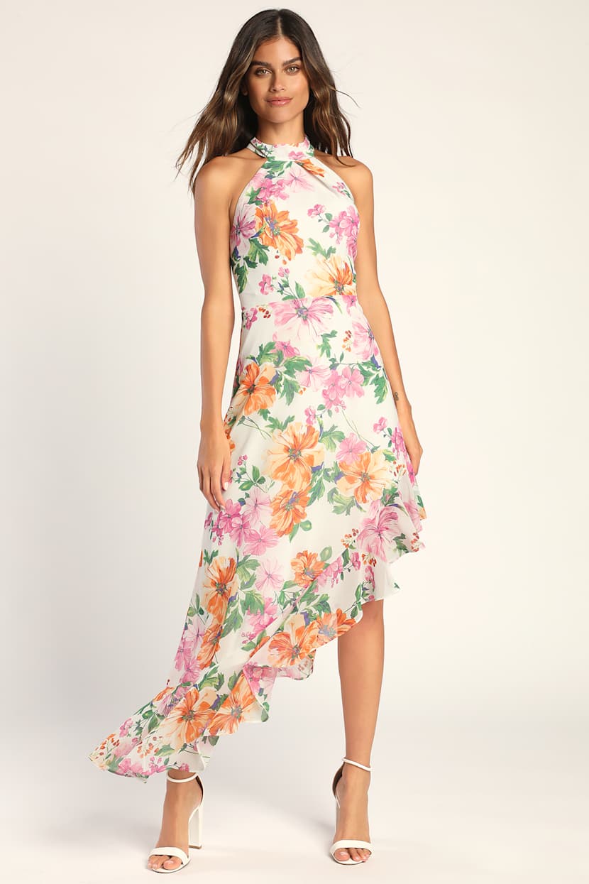 White Floral Print Dress - Asymmetrical Midi Dress - Halter Dress - Lulus White Floral Print Dress - Asymmetrical Midi Dress - Halter Dress - Lulus