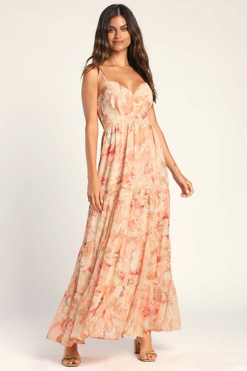 peach floral bridesmaid dresses ZAPAKA Women Peach Floral Corset Long Prom Dress with Slit Mermaid Spaghetti Straps Formal Dress, Peach / UK20 main image 1
