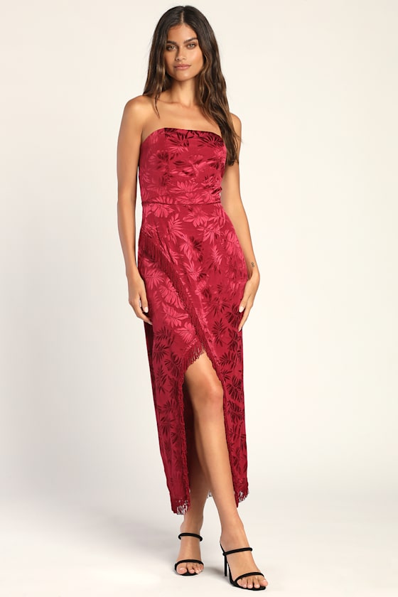 Burgundy Strapless Dress Floral Midi Dress Chic Fringe Dress Lulus