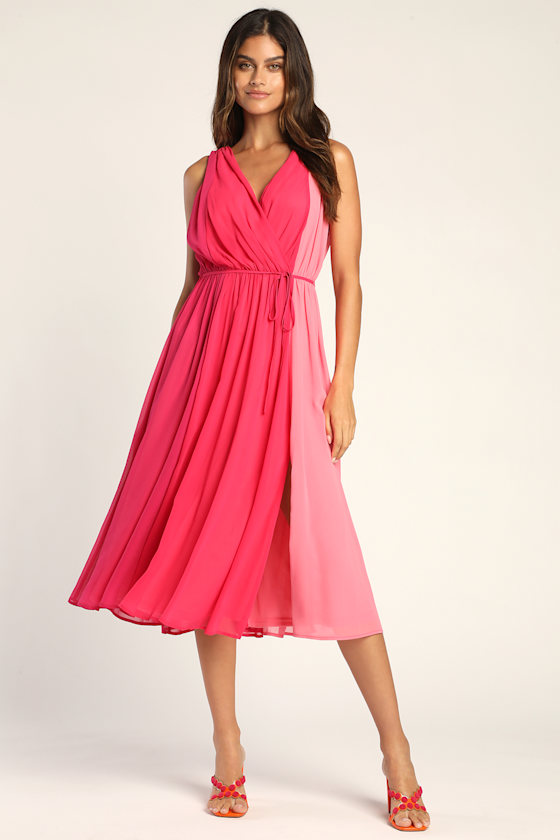 Pink Midi Dress Colorblock Chiffon Dress Midi Dress Lulus