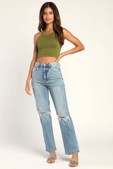 Free People Bella Olive Green Ribbed Seamless Cropped Cami Top