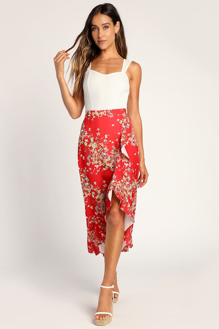 Romance Is Blooming Red Floral Print Ruffled Midi Skirt