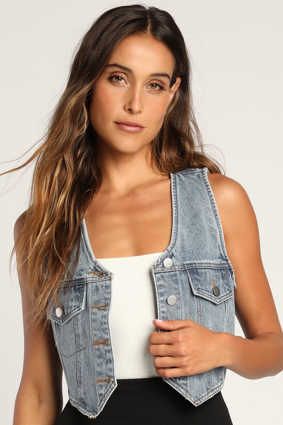 Light Wash Denim Vest - Button-Up Vest - Sleeveless Denim Vest - Lulus