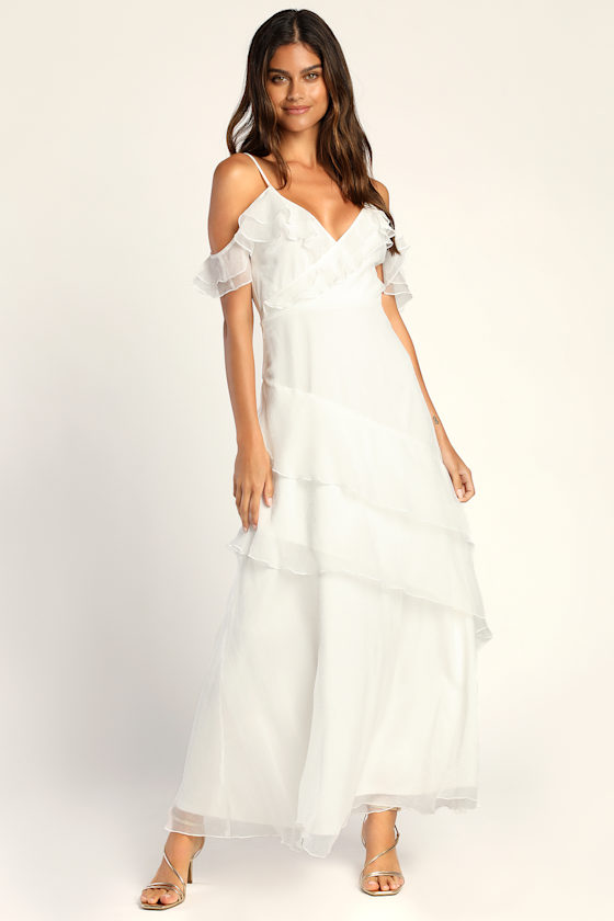 White Ruffled Maxi Dress Cold Shoulder Dress Chiffon Dress Lulus