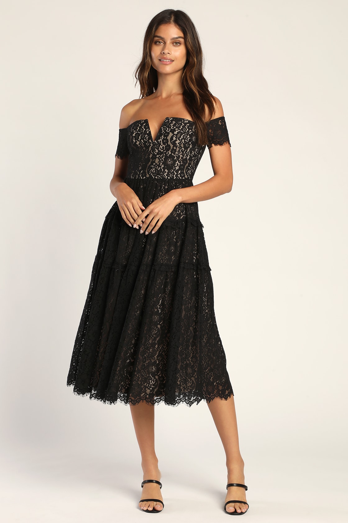 Absolutely Stunning Black Lace Off-the-Shoulder Midi Dress