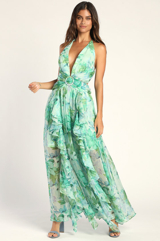 Light Green Floral Print Dress - Cutout Dress - Halter Maxi Dress - Lulus