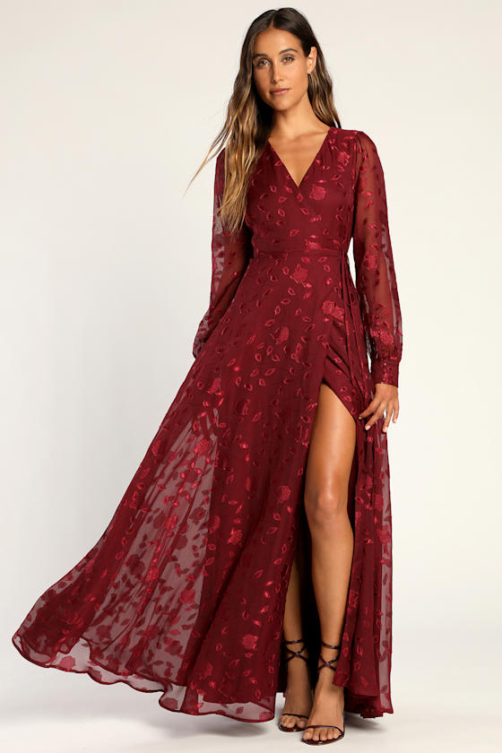 Burgundy Burnout Dress - Jacquard Maxi 