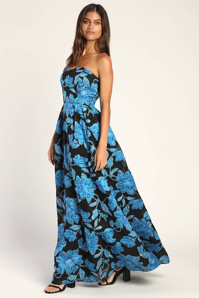 knee length dresses for ladies The Genevieve Black Jacquard Strapless Midi Dress - All Dresses