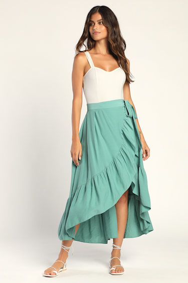 High Low Midi Ruffle Wrap Skirt Teal Ruffled Wrap Skirt High-Low