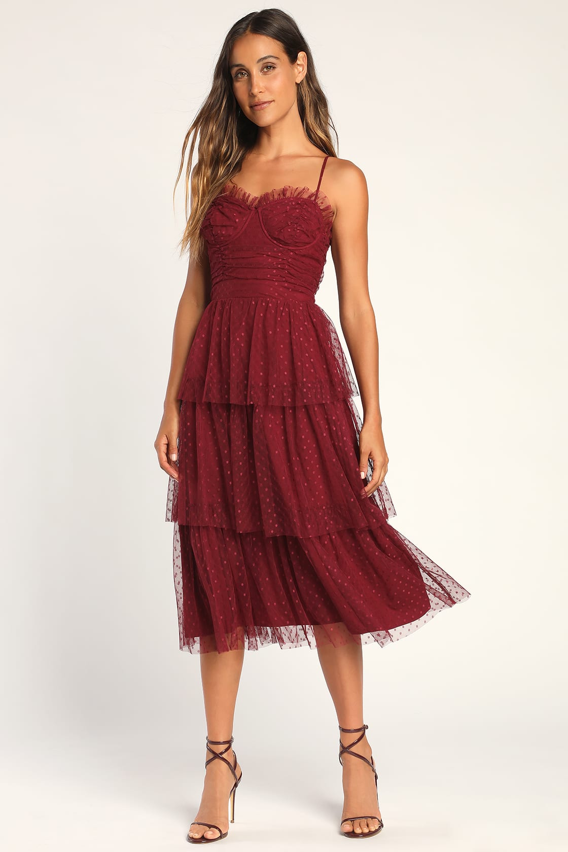 Sweetheart Style Burgundy Polka Dot Bustier Tiered Midi Dress