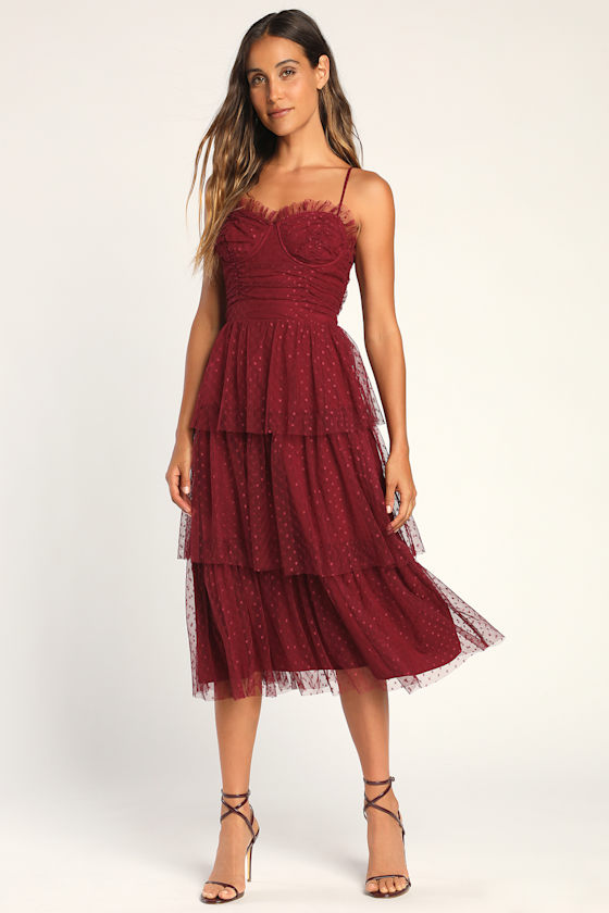 Sweetheart Style Burgundy Polka Dot Bustier Tiered Midi Dress 6