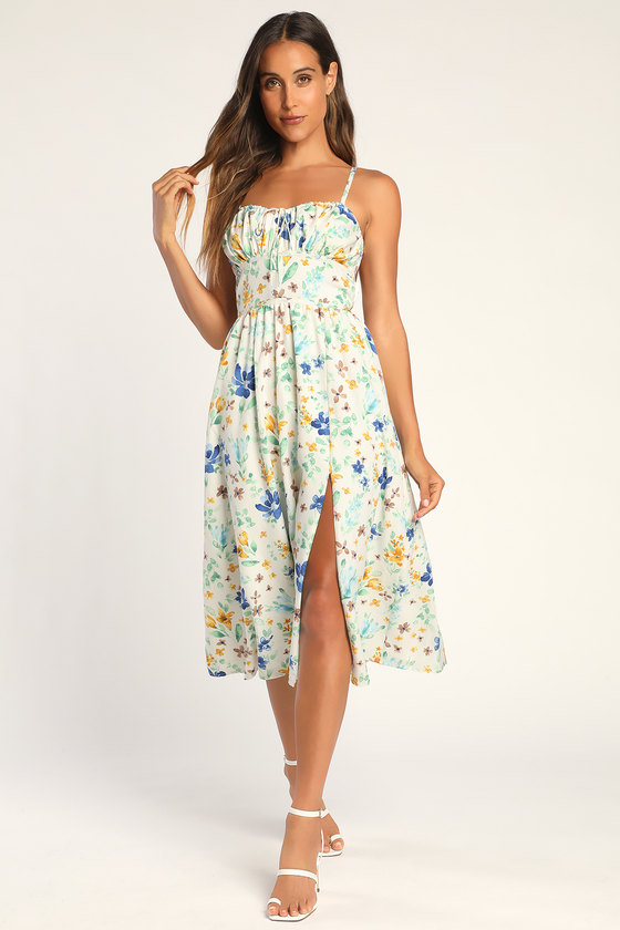 White Floral Print Dress - Double-Tie Back Dress - Midi Dress - Lulus