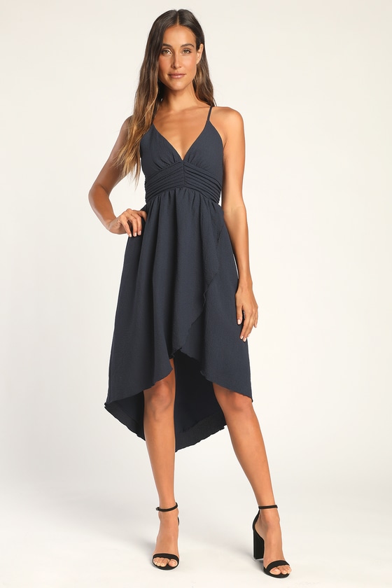 Navy Blue Pleated Dress HighLow Dress Ruffled HighLow Dress Lulus