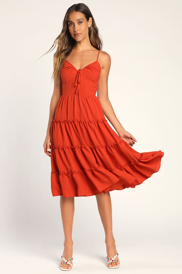 knee length dresses for ladies Orange Poplin Tiered Midi Dress – Aquarius Brand