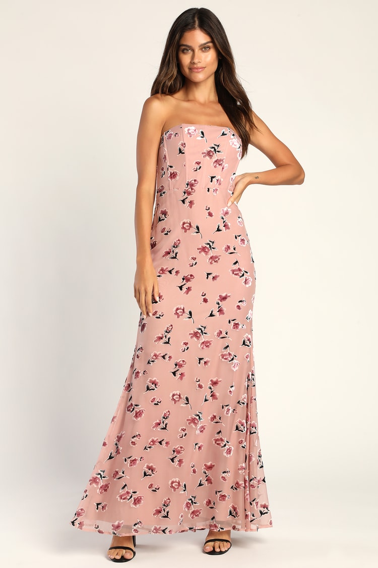 Mauve Floral Strapless Dress - Floral Mermaid Dress - Maxi Dress - Lulus