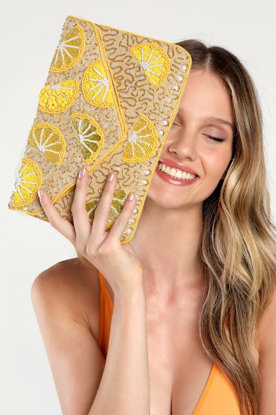 Live Laugh Lemon Yellow Beaded Lemon Clutch 1