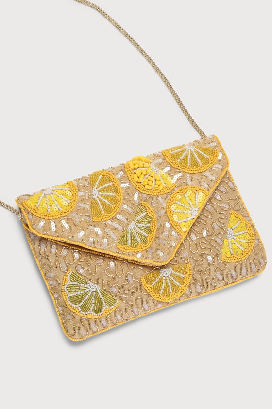 Live Laugh Lemon Yellow Beaded Lemon Clutch 3