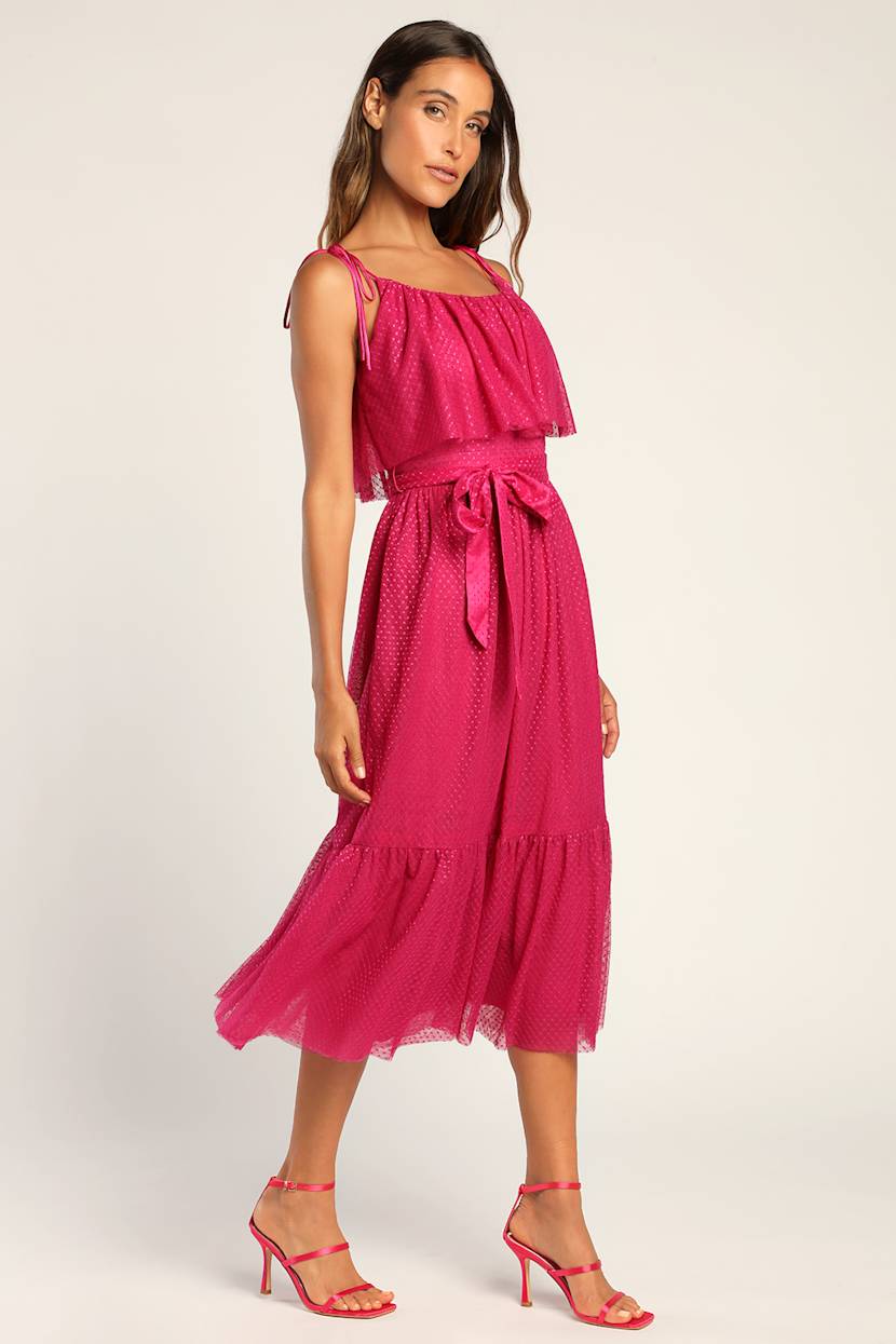 knee length dresses for ladies Magenta Harmony One Shoulder Ruffle Midi Dress Large main image 0