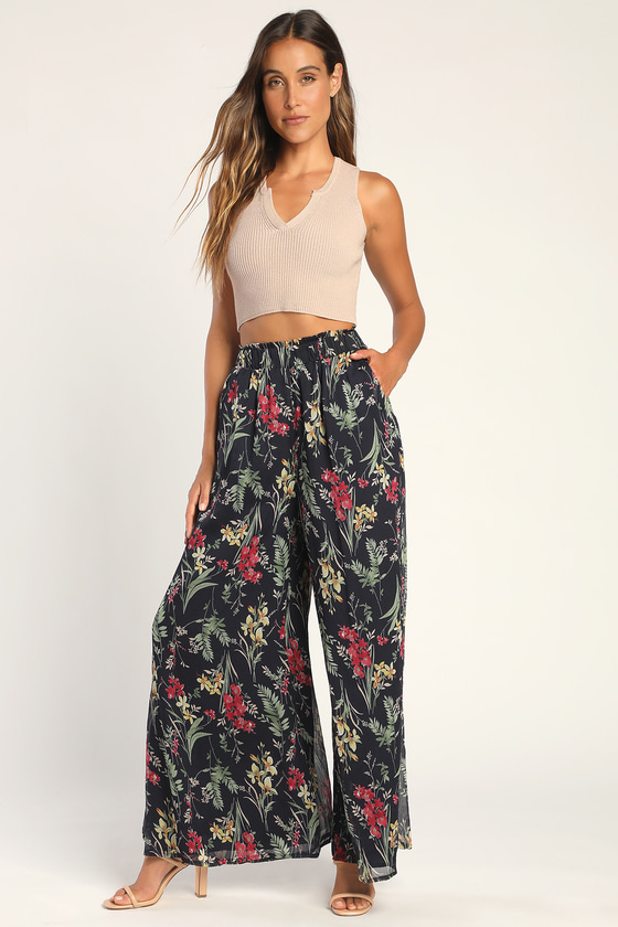 Navy Blue Floral Pants - Wide Leg Pants - Breezy Chiffon Pants - Lulus