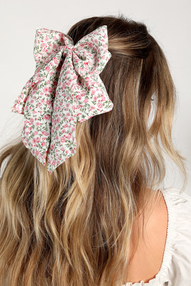 Doting Darling Ivory Floral Print Bow Clip